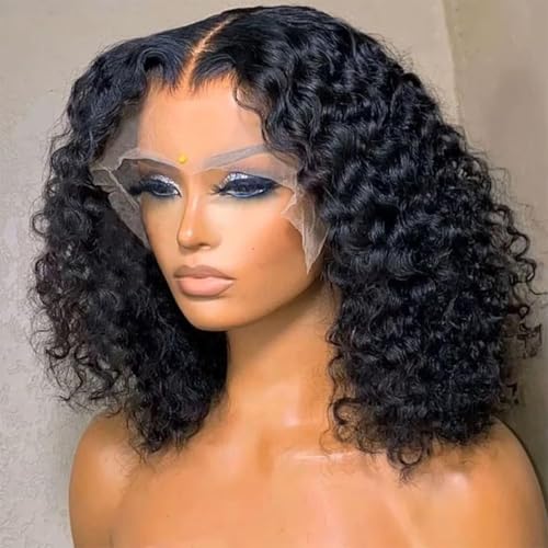 Short Bob Deep Wave Lace Front Wigs Human Hair 13x4 HD Lace Front Wigs Human Hair Pre Plucked Wet and Wavy Wigs for Women 180% Density Deep Curly Hair Wigs with Baby Hair