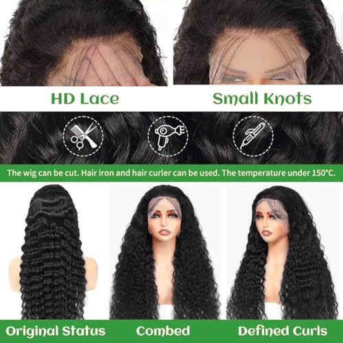 13x6 Deep Wave Lace Front Wigs Human Hair 200 Density Pre Plucked HD Lace Brazilian Virgin Curly Human Hair Wig Wet and Wavy Water Wave Lace Frontal Wigs for Women Natura Black 22 Inch Deep Wave Wig