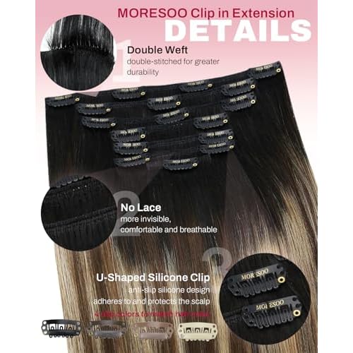 Moresoo Clip in Hair Extensions Real Human Hair Balayage Double Weft Clip in Extensions Human Hair for Long Straight Ombre Black to Brown with Caramel Blonde 7pcs 120g 24inch