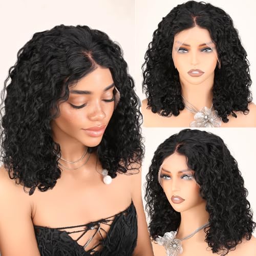 Bouncy Curly Wig Human Hair with Spiral End, 13x4 Lace Frontal Burmese Curly Bob Wigs, Water Wave Brazilian Pre Plucked Wigs for Black Women Natural Color 16 Inch