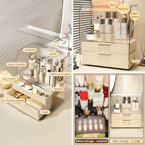 DASITON Clear Dustproof Two layers Storage Box,Makeup Brush Holder,Large Capacity Desktop Storage Box with Drawer,for Beauty Products,Perfume,Jewelry,Nail Polish