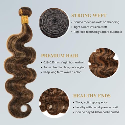 BQRIH 12A Brown Highlight Body Wave Bundles Human Hair 20 22 24 In Brazilian Virgin Wavy Weaves F1B/30 Black and Honey Blonde Ombre 3 Bundles Soft Balayage Colored Human Hair Extensions For Women Remy