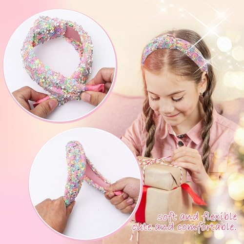 JOEYTECH Sequin Knot Headbands,Rainbow Sparkly Knotted Hair Bands, Glitter Velvet Wide Headband,Iridescent Sequined Hairbands,Fashion Headware,Girls Accessories for Costume Decorations