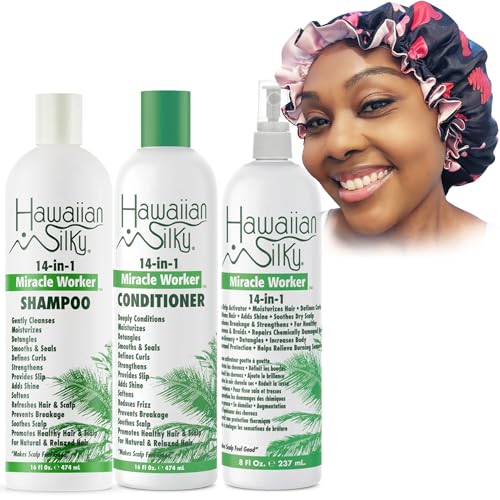 Satin Bonnet with 14 in 1 Miracle Worker Hair Moisturizer, Shampoo, and Conditioner Gift Set. Includes Gift Bag. Pamper Yourself or a Friend (Hearts)