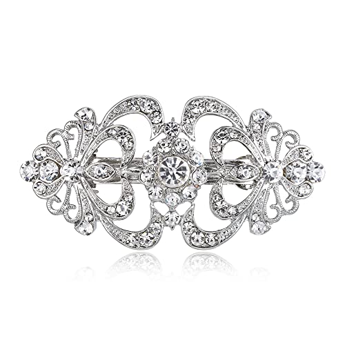 EVER FAITH Austrian Crystal Bridal Barrette Clip, 1920s Art Deco Two Heart Rhinestone Hair Accessories for Women Clear Silver-Tone