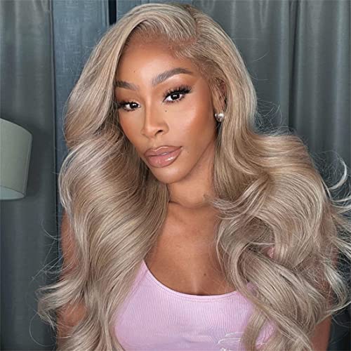 Ash Blonde with Silver Gray Highlight Lace Front Wig Human Hair 180% Density 13x4 Body Wave Mini Knots HD Invisible Lace Wig for Women Glueless Milk Tea Brown Colored with Silver Blonde Wigs 26 Inch