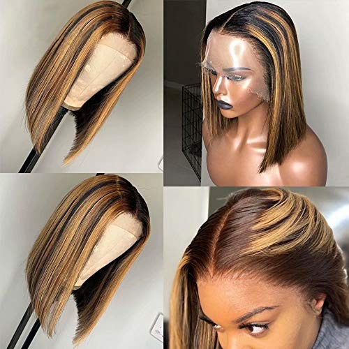 Hair 4/27 Ombre Brown Honey Blonde Short Bob Wig 13x4 Lace Front Human Hair Wig Natural Hairline Pre Plucked With Baby Hair Brazilian Remy Virgin Hair 150 Density 10 Inch