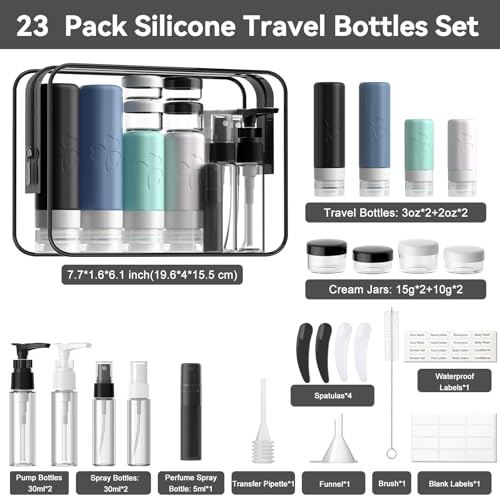 23 Pack Travel Bottles for Toiletries, TSA Approved Travel Shampoo Bottles, Silicone Travel Containers for Toiletries, Leak Proof Refillable Travel Essentials for Liquids Shampoo and Conditioner