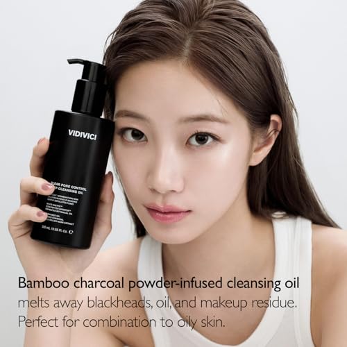VIDIVICI Clear Pore Control Deep Cleansing Oil 10.14 fl.oz | Makeup remover with blackhead care, Korean facial cleanser for oily skin, Sebum control with Bamboo Charcoal Powder, Korean skin care