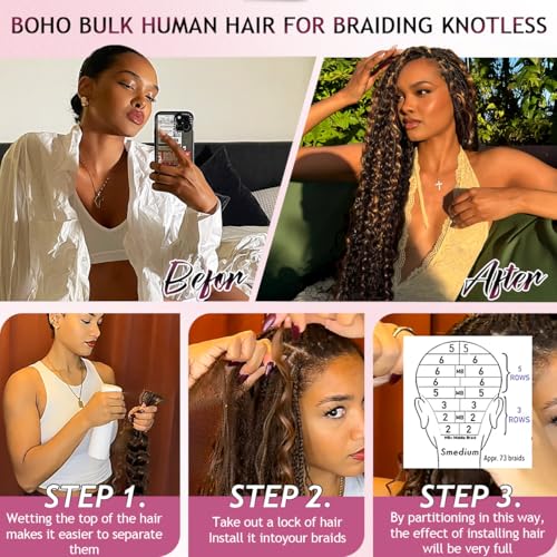 Human Braiding Hair for Boho Braids 120g Highlight Balayage Deep Wave Boho Bulk Human Hair for Braiding Knotless 12A Curly Wet and Wavy Bohemian Braids No Weft 3 Bundles 4/27 Color 16 Inch