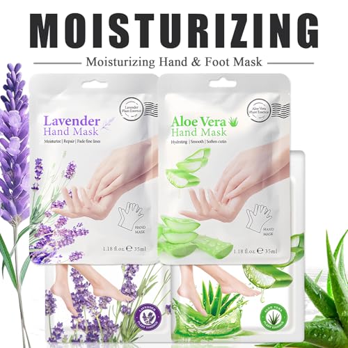 8 Pairs Hand and Feet Mask, Hand Gloves Moisturizing, Hydrating, Feet Peeling Mask for Men Women Repairing Dry, Cracked Skin, Aloe Vera & Lavender,