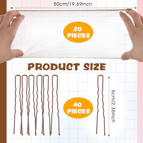 Hair Net Set - 20 Invisible 50cm Hairnets, 40 U-Shaped Pins for Women, Girls Ballet Buns and Dance (Brown)