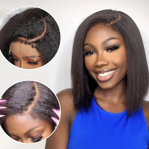 Natural Color 4C Kinky Edges Curly Baby Hair Hairline Yaki Straight Bob 13X4 HD Lace Front Pixie Cut Wig Glueless Human Hair Pre Plucked with Bleached Knots 180 Density for Black Woman 12 Inch