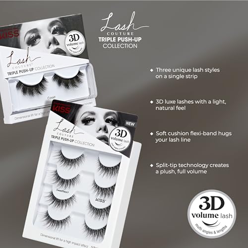 KISS Triple Push-Up, False Eyelashes, 'Babydoll', 12mm-14mm, Includes 4 pairs of false eyelashes, Easy to Apply, Reusable Lash Clusters