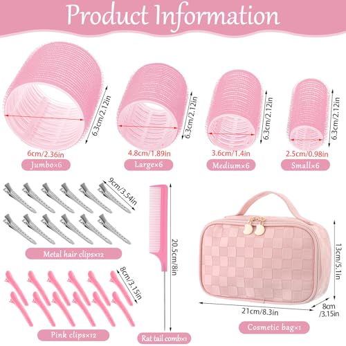 Obeoby 50 Pcs in 1 Pack 4 Sizes Hair Rollers with Gift Makeup Bag, 24 Pcs Self Grip Rollers and Clips, Comb, 25/36/48/60 mm Curlers for Volume Medium Long Hair