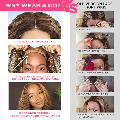 Ombre Highlight Wear and Go Glueless Wigs Human Hair Pre Plucked Pre Cut Deep Wave Lace Front Wigs Human Hair 4x4 Lace Closure Wig for Black Women 180% Density Curly Wig 28 Inch