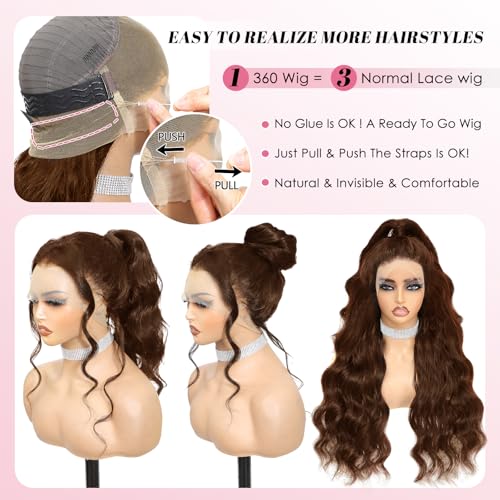 Beluck 20 Inch Chocolate Brown Human Hair Wig 360 Lace Front Wigs Human Hair Pre Plucked With Drawstring Wig 200 Density Body Wave Frontal 360 Full Lace HD Lace Front Wigs Glueless