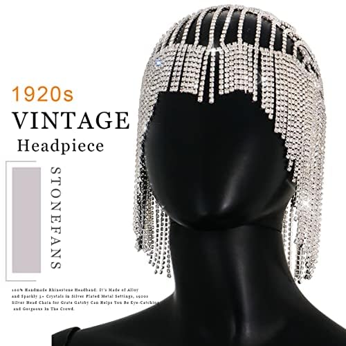 Stonefans Gatsby Rhinestone Cap Headpiece 1920s Silver Head Chain Flapper Hairpiece Cleopatra Hair Accessories for women Girl (Silvery)