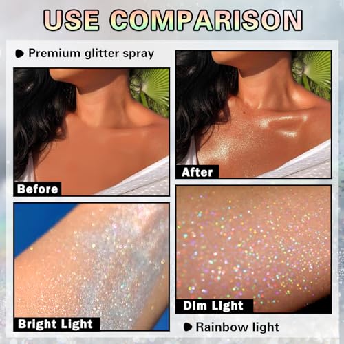 Body Glitter Spray, 60ML Shiny Silver Glitter Spray for Hair Body and Clothes,Long-Lasting Quick-Drying Holographic Ultra Fine Powder Glitter Hairspray for Festival Rave Stage Prom 2.11 Fl Oz