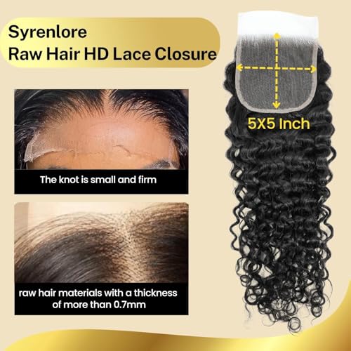 5x5 Skinlike Real HD Lace Closure Only Water Wave Human Hair, 22 Inch 0.09mm Ultra-thin Invisible Swiss Crystal Lace Closure 13A Wet n Wavy Curly Raw Hair Pre-Plucked Tiny Knot Natural Black
