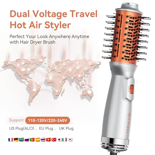 Travel Hair Dryer Brush, Dual Voltage 100?240V 4-in-1 Hot Air Brush with 3 Heat & 2 Speed Settings for Drying, Straightening, Curling & Volumizing, Mini Ionic Thermal Blow Dryer Brush for Women