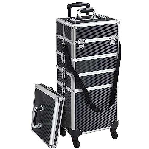 Yaheetech Professional Makeup Train Case 5 in 1 Cosmetology Case on Wheels Aluminum Beauty Travel Case Rolling Cosmetic Organizers & Storage Black