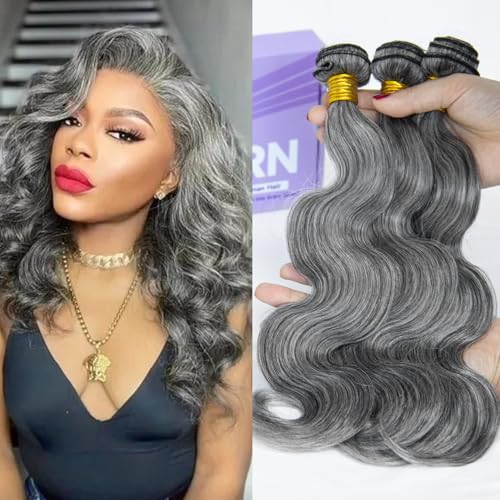 KRN Salt and Pepper Human Hair Bundles 12 14 16 Inch 100% Unprocessed Gray Virgin Human Hair Bundles Body Wave for Black Women Grey Hair Weave Extensions