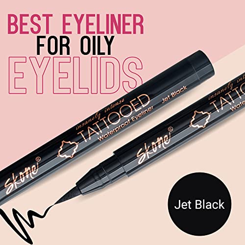 Skone Waterproof Liquid Eyeliner - Long Lasting & Smudge Proof - Insanely Intense Tattooed Eyeliner Pen with Felt Tip Applicator - Jet Black (0.07oz)