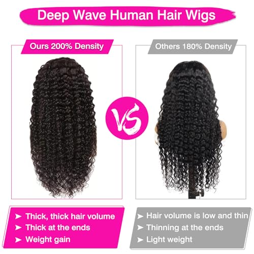 200% Density 30 Inch 13x6 Deep Wave Lace Front Wigs Human Hair Curly HD Lace Front Human Hair Wig Pre Plucked 100% Real Human Hair No Synthetic Blend No Tangle No Shedding Triple Lifespan 3X