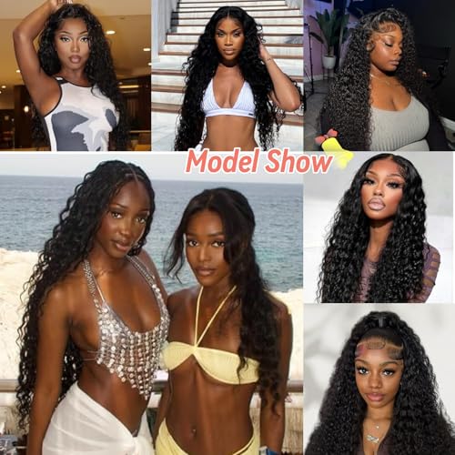Deep Wave Lace Front Wigs Human Hair 13x6 HD Lace Front Wigs for Black Women 34 Inch Curly Frontal Wig Pre plucked Wet and Wavy Glueless Wig with Baby Hair 180% Density Natural Color