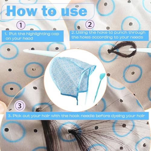 6 Pcs Hair Highlighting Cap, Highlight Caps, Hair Coloring Frosting Dye Kit with 2 Pcs Plastic Hooks for Salon DIY Hair Dyeing Hairdressing (Blue)