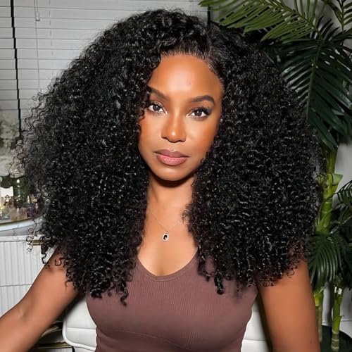 Kinky Curly 3 In 1 Half Wig Human Hair 200% Density Wear Go Glueless Wigs Human Hair for Women 18 Inch Afro Curly Seamless Flip Wig Invisible Hairline