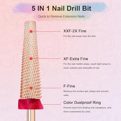 Depvko Super Long 5 in 1 Nail Drill Bits, 3/32'' Carbide Tungsten Bits, Two Way Rotate Professional Advanced Safety Bits for Nail, Fast Remove for Manicure Pedicure (Long 5in1-Rose Gold, Fine-F)