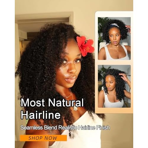 Curly Half Wig Human Hair Upgrade 3 IN 1 Human Hair Half Wig With Drawstring, Beginner Friendly Flip Over Afro Kinky Curly Wig Human Hair No Glue No Lace Wig For Black Women 200% Density 16 Inch
