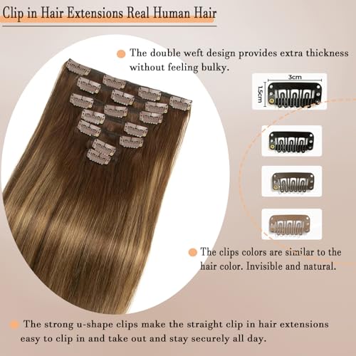 Ombre Brown Blonde Clip in Hair Extensions Real Human Hair 24 Inch 7pcs 120g Clip ins Hair Extensions Brazilian Remy Human Hair 16 Clips Double Weft Human Hair For Women