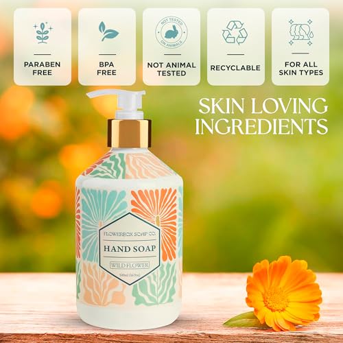 FlowerBox Liquid Hand Soap with Pump ? Set of 4 Scented, Decorative Hand Soap Dispensers for Bathroom and Kitchen ? 500 mL Luxury Floral Mosaic Bottles, Gift Pack