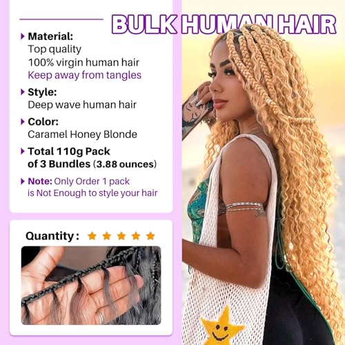 Human Braiding Hair for Boho Braids, Deep Wave Bulk Boho Braids Human Hair for Knotless Curly Bohemian Water Wave Braiding 110g 18 Inch Caramel Blonde (3 No Weft Bundles/Pack)