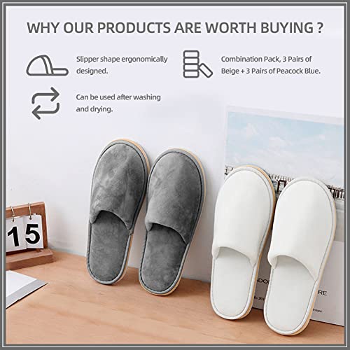 GONG GONG 2-6 Pairs Non Slip Disposable Slippers, Washable & Reusable, Closed Toe Crystal Velvet Slipper for Guest, Bathroom, House, Hotel, Party, SPA, Wedding