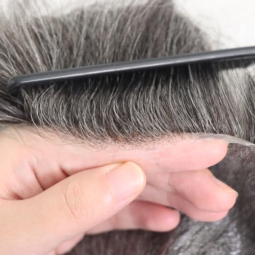 0.03mm Thin Skin Human Hair Men Toupee Full PU Base Hairpiece For Men Wig Grey Color Natural Wave Styles Human Hair Men's Wigs Replacement Systems 8x10 Size (1B50)