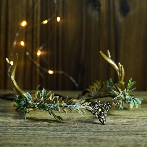 MOSTORY Woodland Gold Antler Crown - Forest Elf Headpiece Fairy Floral Circlet for Women Renaissance Fair Halloween Renfaire Cosplay Photo Shoot