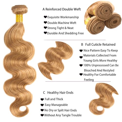 #27 Honey Blonde Bundles Human Hair Body Wave Bundles 34 34 34 Inch Unprocessed Brazilian Virgin Remy Hair 3 Bundle Blonde Body Wave Human Hair Extensions for Women 50 Gram Per Bundle
