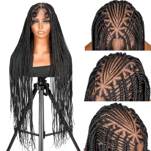 SUPERNOVA Special Top Design Full Lace Box Braided Wig Handmade Knotless Braided Wigs For Black Women Synthetic Hair Boho Braids Wig Lightweight & Natural Look Baby Hair Around 36 Inch