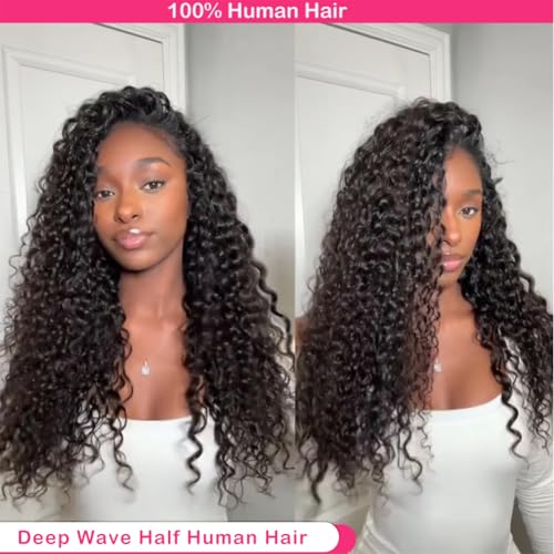 Curly Half Wig Human Hair Deep Wave, All Hairstyles In One Curly Half Wigs, Flip Over With Adjustable String Invisilbe Hairline Beginner Friendly Headband Wig for Black Women 200% Density 16 Inch