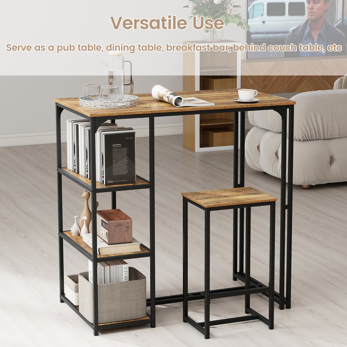 3-Piece Bar Table Set with 2 Stools - Rustic Brown