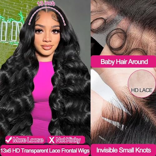 30 Inch 13x6 Lace Front Wigs Human Hair Pre Plucked, 180% Density Body Wave HD Transparent Lace Frontal Wigs with Baby Hair for Women, Glueless Wig, Natural Black