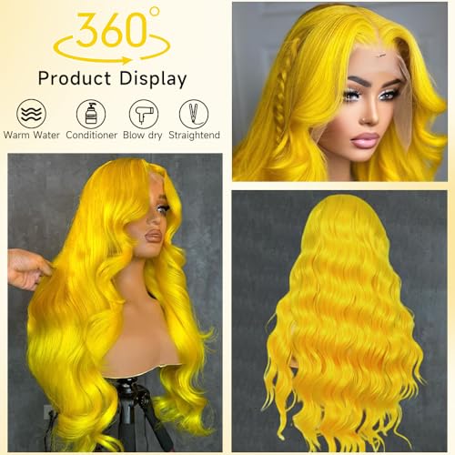 Yellow Lace Front Wig Human Hair 200 Density 13x4 Body Wave Lace Front Wigs Human Hair Pre Plucked Yellow Colored Blonde Wig Human Hair Glueless Wigs 32 Inch