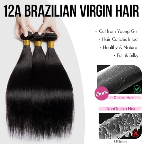 Human Hair Bundles Straight Bundles Human Hair Extensions 20 22 24 Inch 12A Brazilian Virgin 100% Unprocessed Raw Thick Straight Hair 3 Bundles Human Hair Natural Color