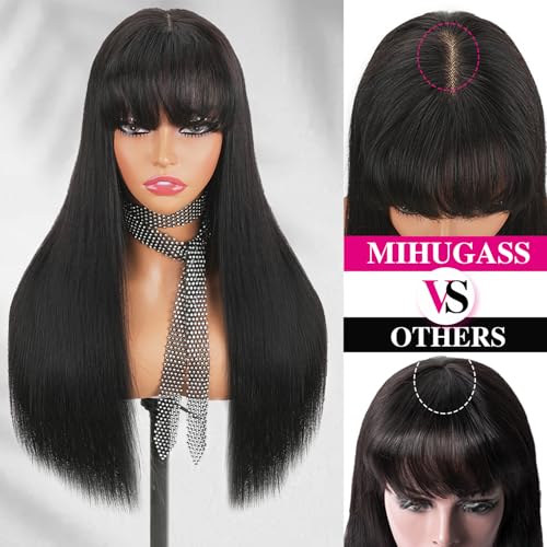 Lace Front Wigs With Bangs 2x4 Human Hair Wigs For Women 200% Density Brazilian Virgin Hair Glueless Wig Natural Black Color(22 Inch)