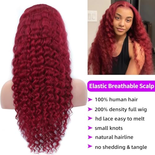 200 Density Burgundy Lace Front Wigs Human Hair 13x6 HD Deep Wave Lace Front Wigs Human Hair Pre Plucked with Baby Hair 99J Red Colored Deep Curly Lace Frontal Wigs Glueless Wig for Women 24inch