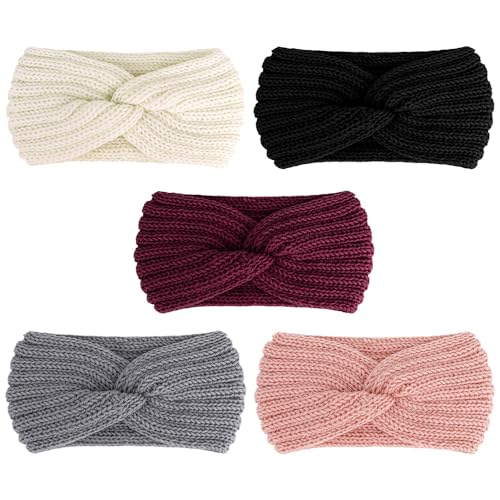 AOPRIE Winter Headbands for Women Girls Ear Warmers for Women Ear Covers for Cold Weather Knit Wide Thick headbands for Women Girls Gray Black Red Pink White, 5 Pack